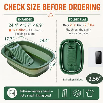 12 Gallon Collapsible Wash Basin with Detachable Washboard, Extra Large Foldable Utility Bucket with Dual Drain Plugs, Portable Household Cleaning Tub for Laundry, Mopping, RV, Camping & Travel