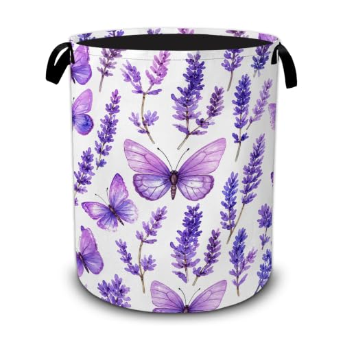 Lavender Laundry Basket with Handles,Purple Butterfly Foldable Oxford Laundry Hamper,Collapsible Clothes Storage Basket for Laundry Room/Bathroom/Bedroom/Dormitories 20.8 x 16 Inches - color: Lavender Purple Butterfly