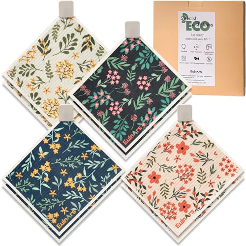 Eulnars Reusable Paper Towels, Swedish Dishcloths for Kitchen 8-Pack, Non-Scratch Swedish Dish Towels, Super Absorbent Cellulose Dish Cloths, Eco Friendly Gifts - color: Flowers and Plants