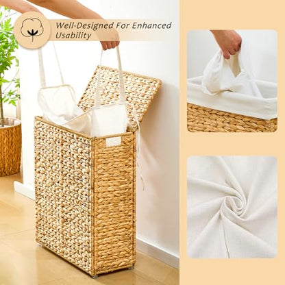 Slim Laundry Hamper with Lid, Handwoven Natural Water Hyacinth Basket - color: Natural, size: 75L