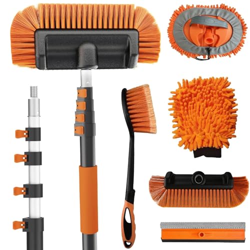 Buyplus 18FT Reach Car Wash Brush with Long Handle - Car Cleaning Kit with 3-12FT Extension Pole, Wheel Brush, Microfiber Cleaning Mop, Mitt, Window Squeegee for RV Truck SUV Boat Solar Pane Washing