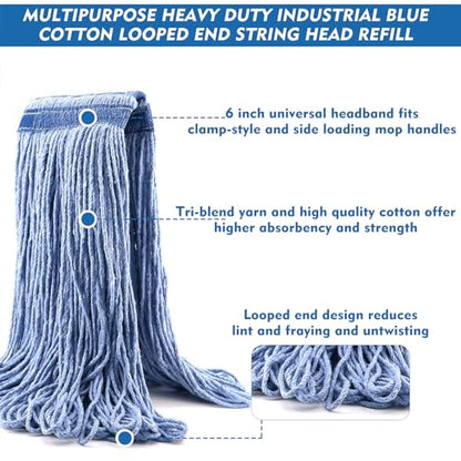 24 oz Loop-End Cotton Mop Head, Heavy Duty Mop Refill with 6 Inch Headband, Replacement Head for Home, Industrial & Commercial Use (Blue) - color: 24oz-blue