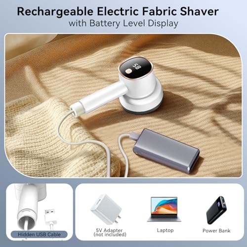 Rechargeable Fabric Shaver, 6-Leaf Blades, LED Display, 3 Speeds - color: White