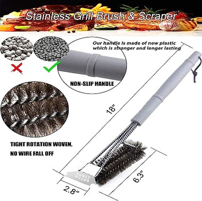 Grill Brush and Scraper-Best BBQ Brush for Grill Outdoor, 18" Stainless Steel with Wire Bristles 3 in 1 Bristles Grill Cleaning Brush - Gifts for Grilling Enthusiasts & Men Dad - color: Gray