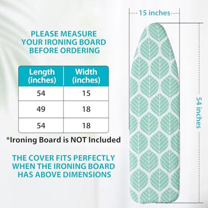 Seiritex Ironing Board Cover and Pad, Standard Size 15 x 54, Thick Padding with Elasticized Edges, Heat Reflective with Hook and Loop Fasteners, 3 Layers Iron Board Cover (Green Leaf) - color: Green Leaf, size: 15x54