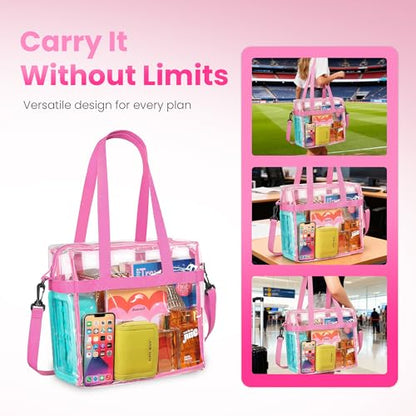 Handy Laundry Clear Bag 12x6x12 Stadium Approved Tote, Zipper Strap - color: Pink