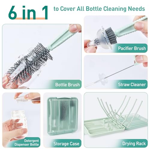 Travel Bottle Cleaner Kit, 6-in-1 Baby Bottle Brush Set with Silicone Brush - color: Green