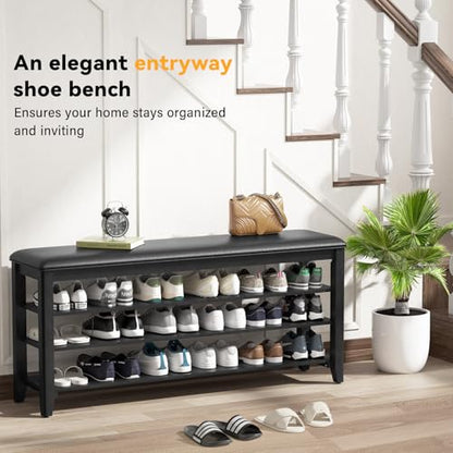 Taitiy Shoe Bench with 3 Tier Adjustable Shelves Rubberwood Entryway 47.2'' - color: Black, size: 47.2''