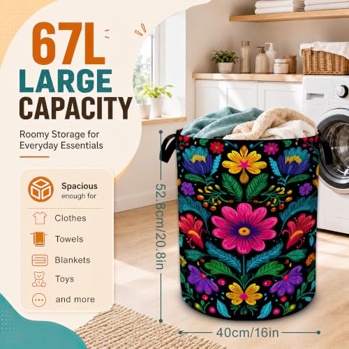 Colorful Floral Mexican Laundry Basket with Handles,Foldable Oxford Laundry Hamper,Collapsible Clothes Storage Basket for Laundry Room/Bathroom/Bedroom/Dormitories 20.8 x 16 Inches - color: Colorful Floral Mexican