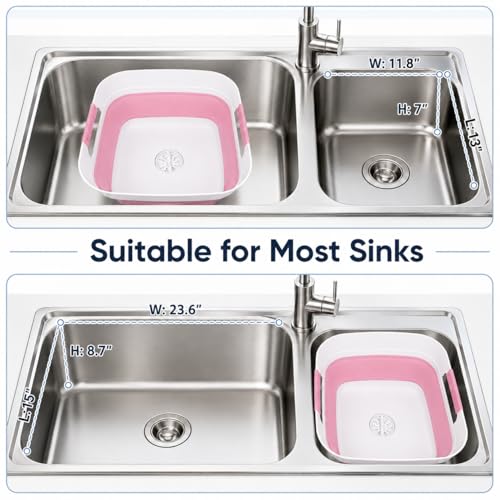 Collapsible Dish Basin with Drain Plug, 2.4 Gal 9L Foldable Wash Basin, Portable Sink Tub for Kitchen, Baby Bottles, Camping, RV, Vegetable Washing and Beverage Tub, Pink - color: Pink