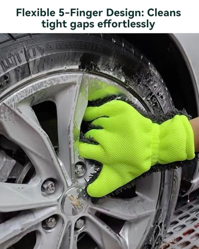 Car Wash Mitt, 2-Pack Microfiber Scratch Free Auto Detailing Supplies for Cleaning, Washing Dusting,Thickened 5-Finger Clean Gloves Design for Interior Exterior Cleaning Tight Spaces and Wheel