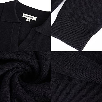 GreenMount Women's Deep V-Polo Casual Loose Cashmere Sweater Pullover Lapel Long Sleeve for Women Keep 37.5° Warm - color: Black, size: Small