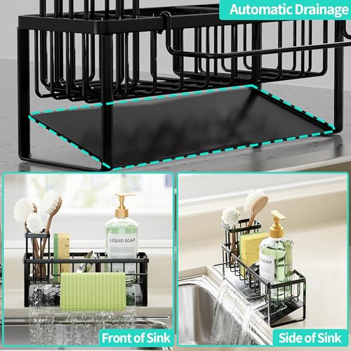 HapiRm Sponge Holder for Kitchen Sink - Self-draining Rustproof Organizer - color: Black-Sloping, size: with Dishcloth Holder
