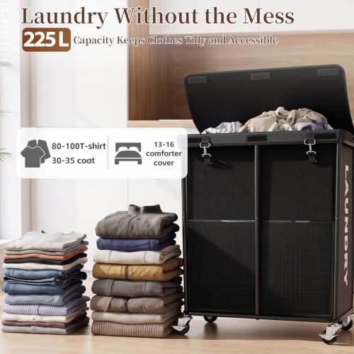 Laundry Hamper with Wheels and Lid, 225L Large Rolling Laundry Basket Black - color: Black, size: 225L