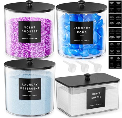 galasily 4 Pack Laundry Pods Container, Clear Laundry Room Organization Containers,Large Acrylic Detergent Powder Storage Containers Black Wooden Lids & Labels, Dryer Sheet Holder
