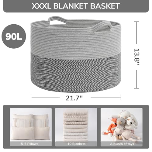 INDRESSME XXXLarge Woven Rope Blanket Basket Living Room Grey, 90L - color: Light & Dark Grey, size: 21.7"D x 13.8"H