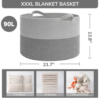 INDRESSME XXXLarge Woven Rope Blanket Basket Living Room Grey, 90L - color: Light & Dark Grey, size: 21.7"D x 13.8"H