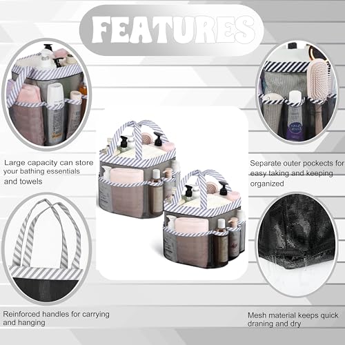 Mesh Shower Caddy Portable - 9 Pockets, Shower Bag for Dorm Room Camping - color: Black Black Grey