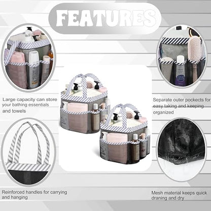 Mesh Shower Caddy Portable - 9 Pockets, Shower Bag for Dorm Room Camping - color: Black Black Grey