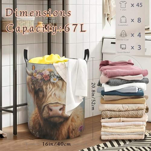 Vintage Highland Cow Laundry Basket,Butterfly Flower Foldable Oxford Cloth Laundry Hamper with Handles Waterproof Dirty Clothes Storage Basket for Bathroom Bedroom Dorm Room 16" x 20.8" - color: Vintage Highland Cow Butterfly Flower