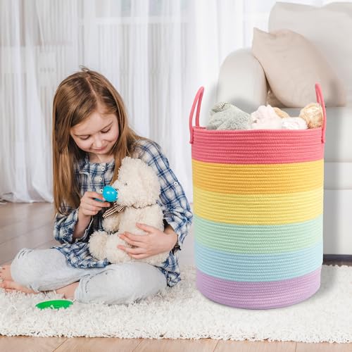 Woven Cotton Rope Laundry Basket, 15" x 20" Laundry Hamper, Rainbow - color: rainbow, size: Regular