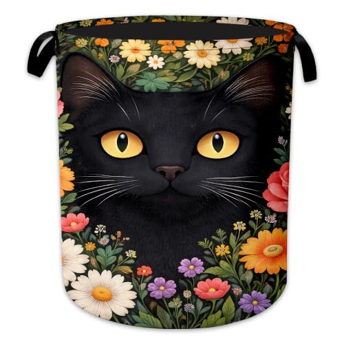 Black Cat Laundry Basket Oxford Cloth Flower Garden Laundry Hamper With Handle Foldable Portable Clothes Storage Basket Storage Bag For Laundry Room/Bathroom/Bedroom/Dormitory 20.8"x16" - color: Black Cat