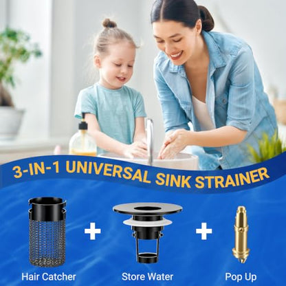 Bathroom Sink Drain Strainer, Pop-Up Bathroom Sink Stopper with Removable Stainless Steel Hair Catcher Basket, Universal Fit for US Bathroom Sinks, Showers & Floor Drains (2pcs-Black) - color: 2pcs-black