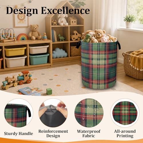 Christmas Plaid Waterproof Laundry Basket with Handles, Foldable Clothes Hamper, Large Capacity Laundry Organizer Bin for Bedroom Bathroom Dorm Room - color: Christmas Plaid