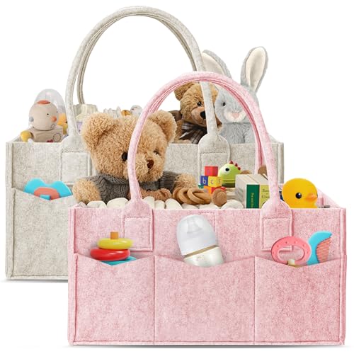 HIPHOP PANDA 2-Pack Diaper Caddy Organizer - Nursery Storage Bin & Car Organizer for Diapers, Wipes, and Baby Essentials - Dual-Color Solid Set (Pink/Oatmeal), Large Size - color: Pink and Oatmeal, size: Large