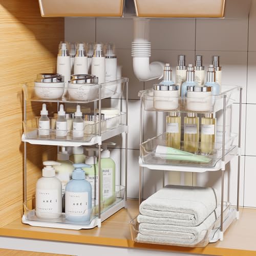 Delamu 2 Sets of 3-Tier Bathroom Under Sink Organizers and Storage, Multi-Purpose Stackable Pantry Organization and Storage, Pull Out Clear Kitchen Bathroom Cabinet Organizer with Movable Dividers - color: White, size: 2 Pack 3-Tier