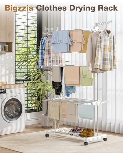 Bigzzia Clothes Drying Rack Folding with Wheels Drying Rack Clothing Clothes Horses Rack Stainless Steel Laundry Drying Rack with Two Side Wings 4 Tier Grey White - color: Grey White