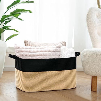 Goodpick Large Woven Blanket Basket, Rectangle, Black & Camel - color: Black Camel, size: Large(21.6"L x 14.9"W x 11.8"H)