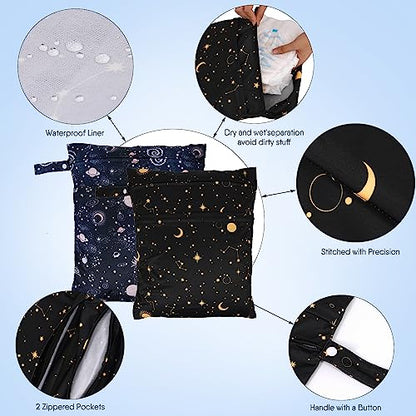 2pcs Travel Waterproof Laundry Bag, Cloth Diaper Wet Dry Bags with Handle & 2 Zipper Pockets, Reusable Washable Dirty Clothes Bag for Baby Adult Travelling Hanging, Bathing Beach Pool Daycare - color: Galaxy