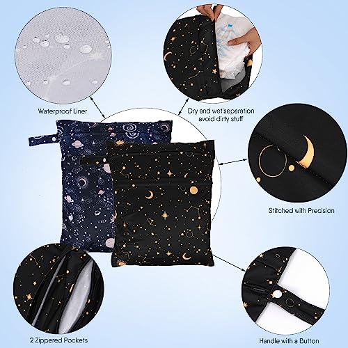 2pcs Travel Waterproof Laundry Bag, Cloth Diaper Wet Dry Bags with Handle & 2 Zipper Pockets, Reusable Washable Dirty Clothes Bag for Baby Adult Travelling Hanging, Bathing Beach Pool Daycare - color: Galaxy
