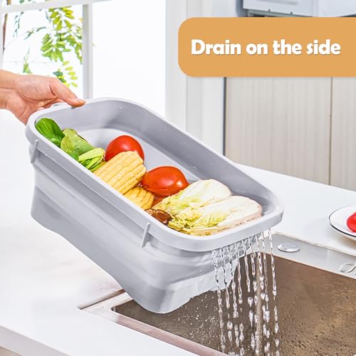 Collapsible Dish Pans, 2Gal (7.5L) Capacity, Plastic Dish Tub Dishpan for Kitchen Sink with Drainage Hole, Foldable Small Wash Basin for Kitchen, Camping, Travel (Light Blue) - color: Light Blue