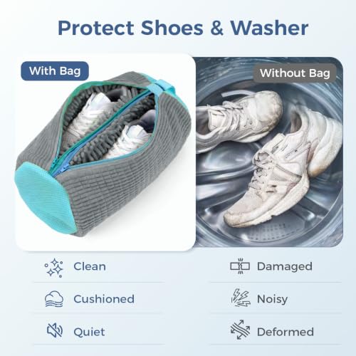 Shoe Washing Machine Bag for Sneakers, Double Compartment Shoes Laundry Bag with Chenille Microfiber, Durable Mesh Shoe Wash Bag for Washer & Dryer, Sneaker Cleaner for Running, Tennis & Kids Shoes - color: Grey
