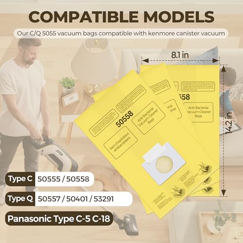 Vacuum Bags Replacement for Kenmore Canister Type C/Q 5055, 50557, 50558 - color: Yellow-15 Pack