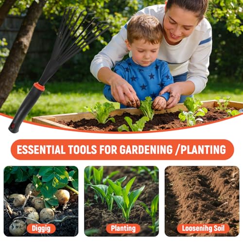 Small Hand Rake, Stainless Head and Tines, Gardening Hand Tool with Ergonomic Handle and Hanging Hole for Storage for Maintaining Raised Garden Beds - color: Large Weeding Rake