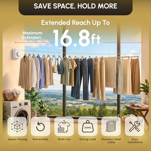 Retractable Clothesline Indoor, Wall Mounted, White - color: White
