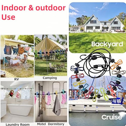 Retractable Travel Clothesline, with 12 Clips, for Laundry Drying, Compact for Camping Hotel Home