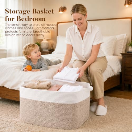 65L Large Woven Blanket Basket for Living Room, 19.7"x15.7"x11.8" - color: Brown & White, size: 19.7"x15.7"x11.8"