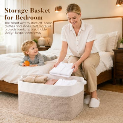 65L Large Woven Blanket Basket for Living Room, 19.7"x15.7"x11.8" - color: Brown & White, size: 19.7"x15.7"x11.8"