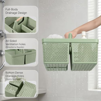 UUJOLY Portable Plastic Shower Caddy Basket with Wooden Handle, Green - color: Green