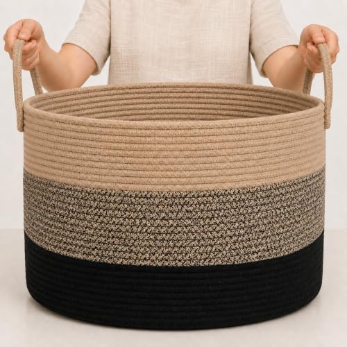 OrganiHaus Round Toy Basket & Blanket Basket, Cotton Rope 20x13" - color: 3-toned Brown, size: Wide