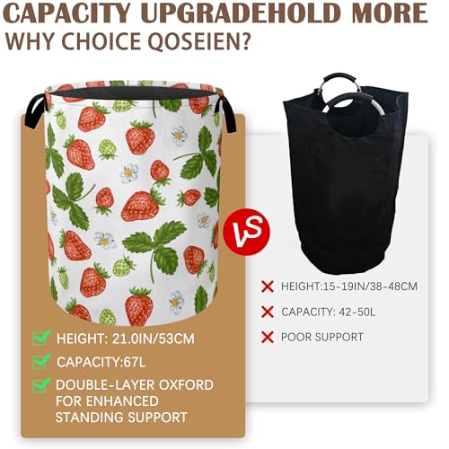 Strawberry Laundry Hamper,Collapsible Laundry Baskets,Flowers Leaf Dirty Clothes Baskets with Handles,Oxford Cloth Hamper for Bedroom,Bathroom,College Dorms, 16"x20" - color: Strawberry,Flowers Leaf