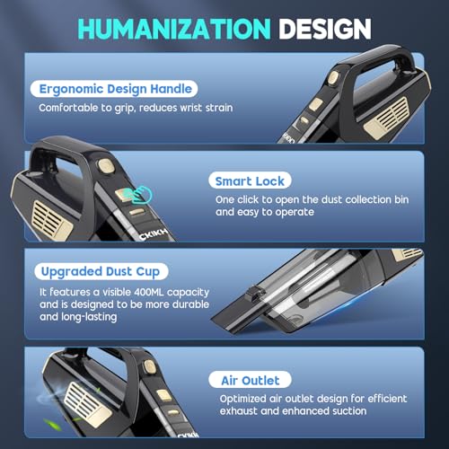 CKIKH Handheld Vacuum Cordless, 15000PA Hand Held Car Vacuum Cleaner - color: Black & Gold