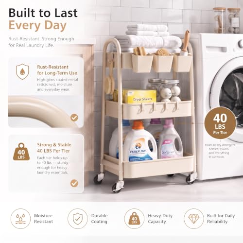 Beige 3 Tier Rolling Cart Metal with Wheels,Tan Three Tiered Bedside Carts - color: Light Beige