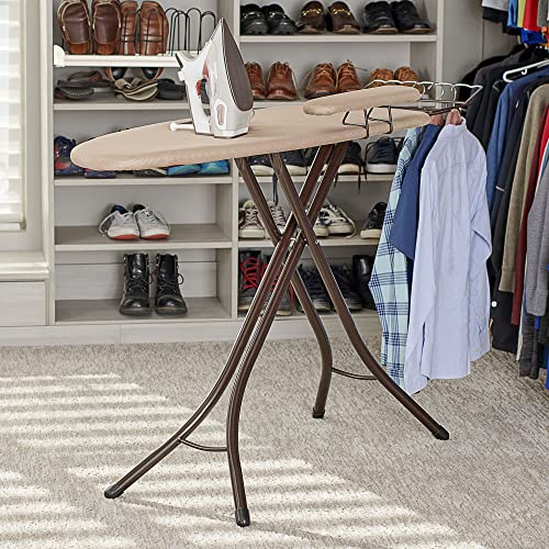 Household Essentials Mega Ironing Board, 4-Leg, Steel Top Pressing Station, Heat-Resistant Fiber Pad and Polyester Cover, Includes Sleeve Board and Iron Rest with Hanger Bar, Bronze Frame - color: Brown/Bronze, size: 49" L, style: With iron station
