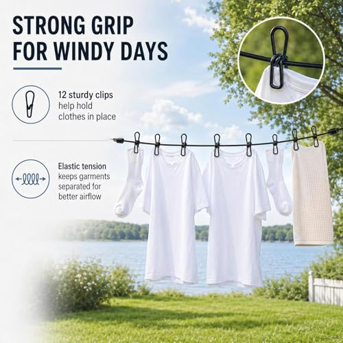 Portable Clothesline with 12 Clips, Stretch Travel Drying Rope with Stainless Steel Hooks for Camping Indoor Use.(Black) - color: Black