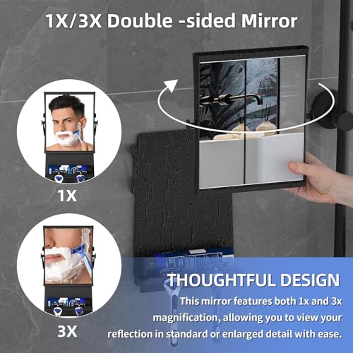 Ettori Fogless Shower Mirror for Shaving, Water-Filled Anti Fog Shower Mirror with 1X/3X Dual-Sided Magnification, No Drill Adhesive Mirror for Shower with Shelf, Razor Hooks and Squeegee, Black